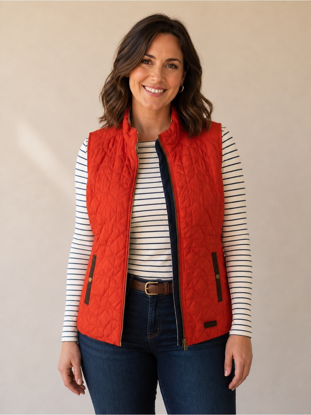 Bass Quilted Orange-Red Women's Vest with Navy Trim
